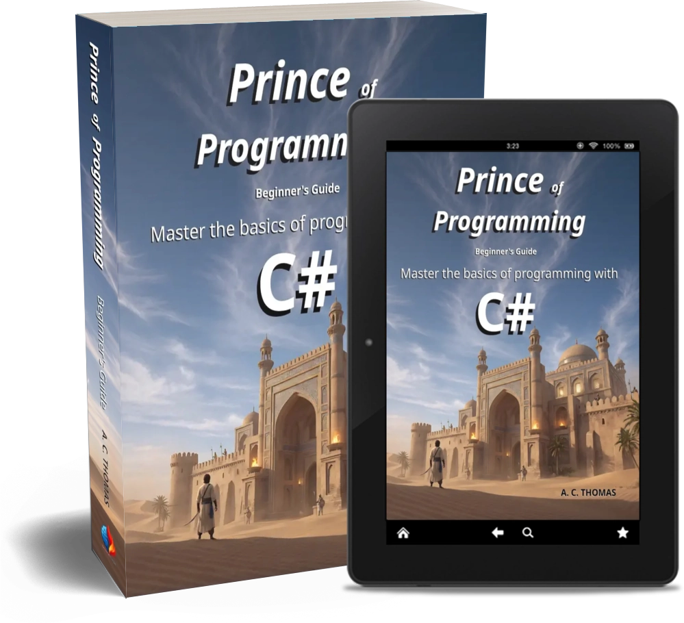 Prince of Programming: Beginner's Guide, shown as a printed book beside an e-reader
